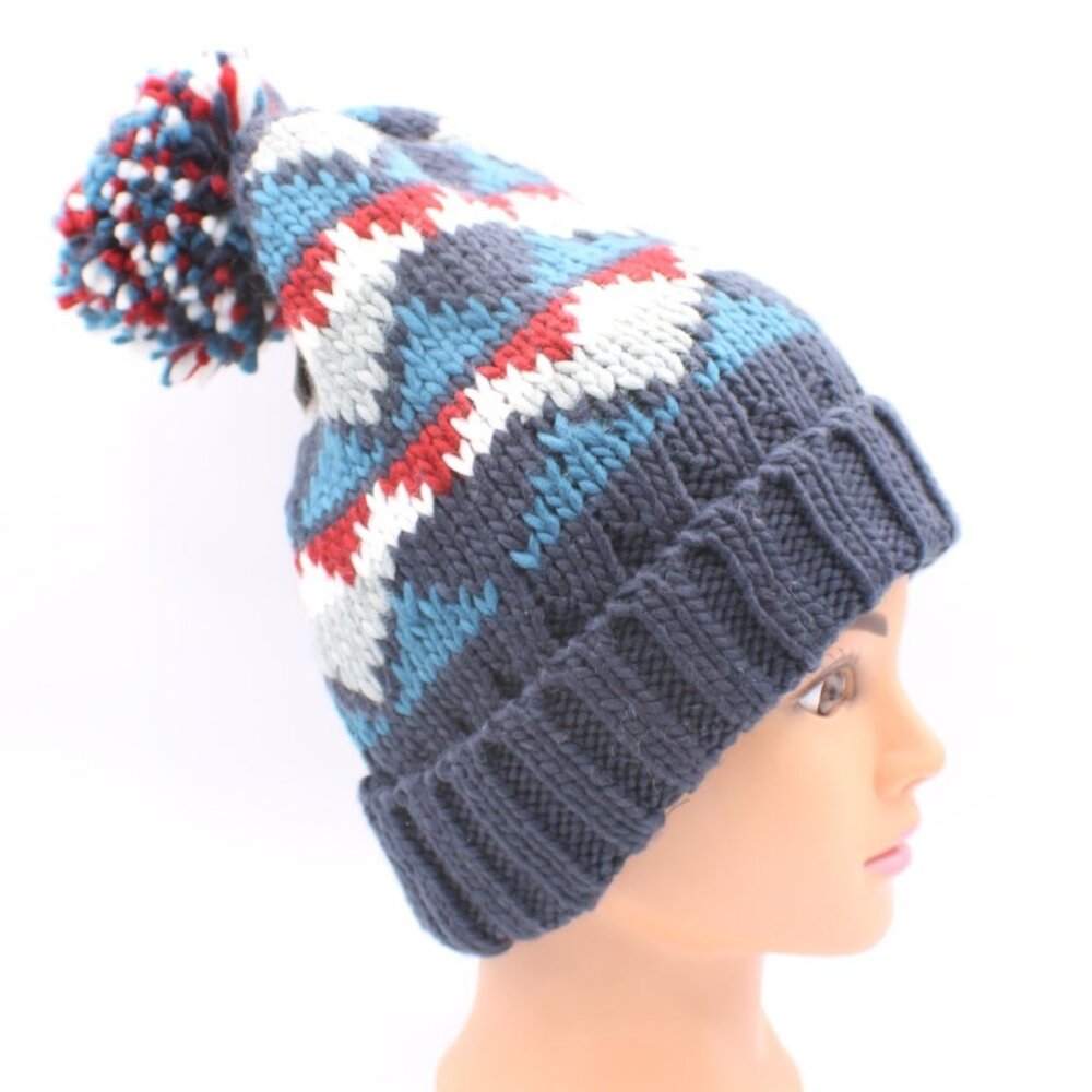 Zara Knitted Pom-Pom Beanie Hat Multicolor Chevron Pattern OSFM Winter Warm